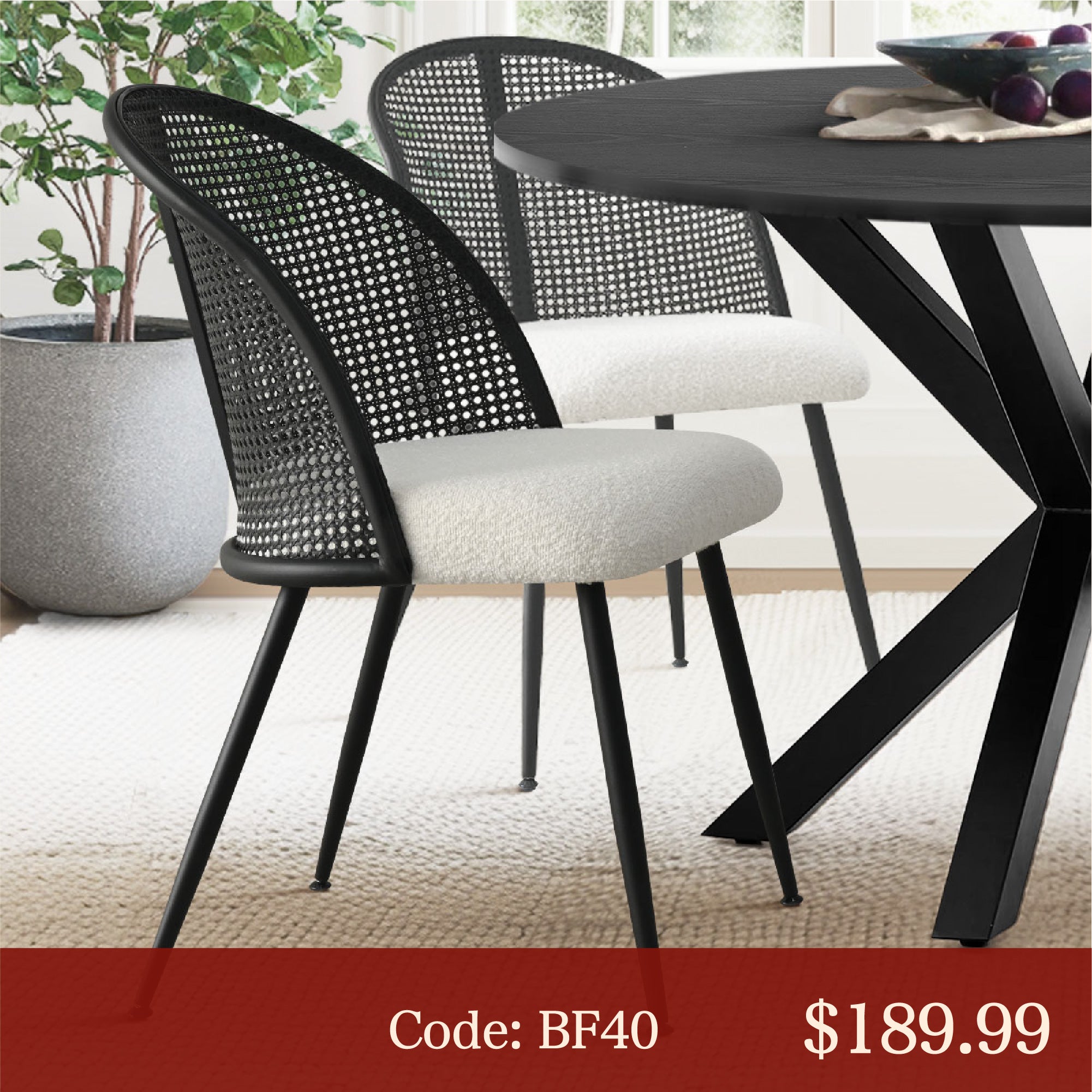 (40% off Sale|Use code BF40)Lucca Black Rattan Boucle Dining Chair (Set of 4)