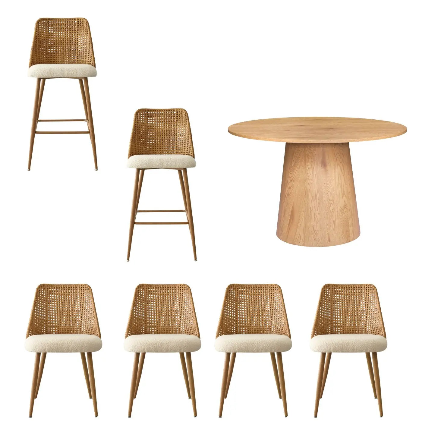 Dwen & Nice Mega Pack with wooden chairs, round table; contemporary dining room setup.