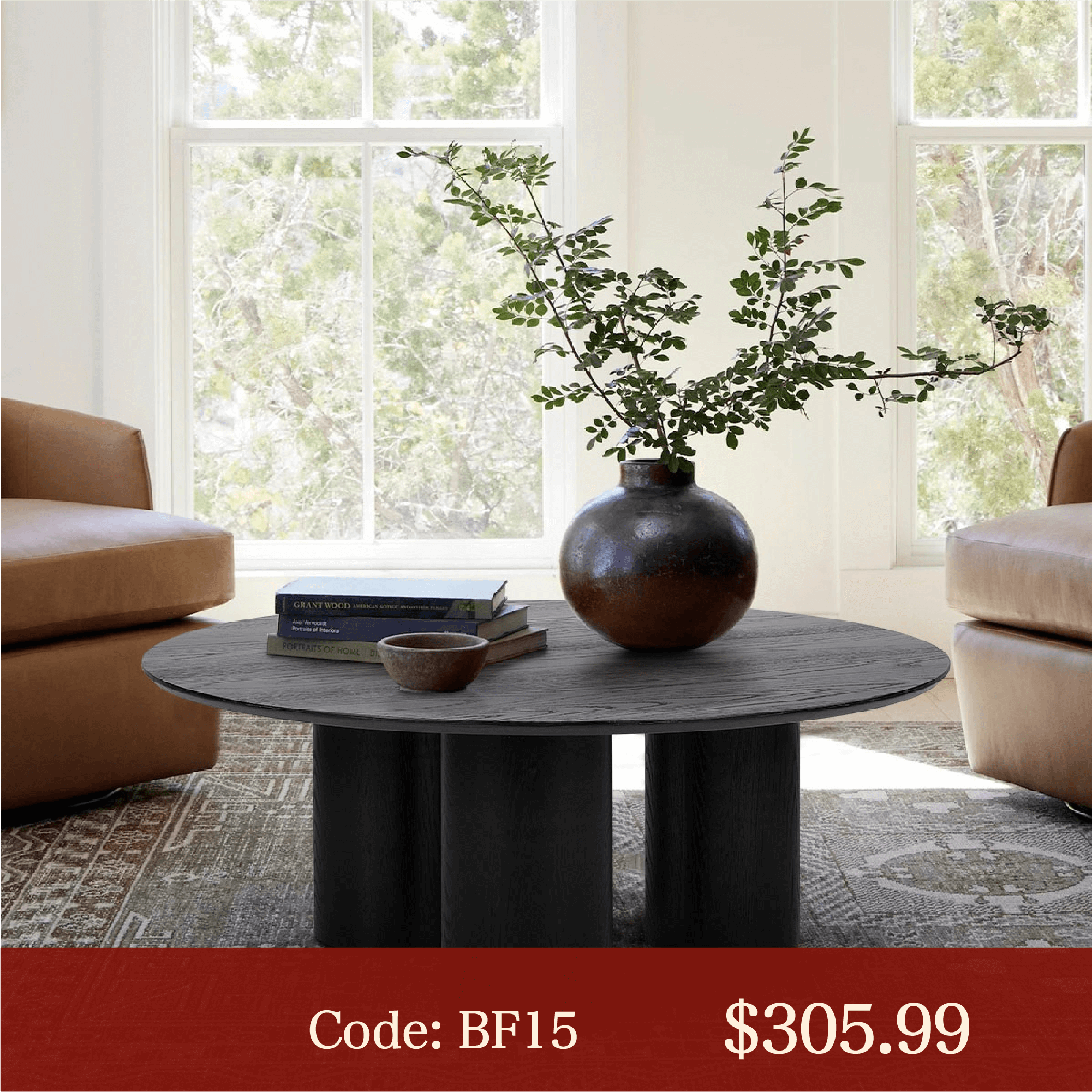 Baguette 40" Modern Black Oak Wood 3-Leg Round Coffee Table