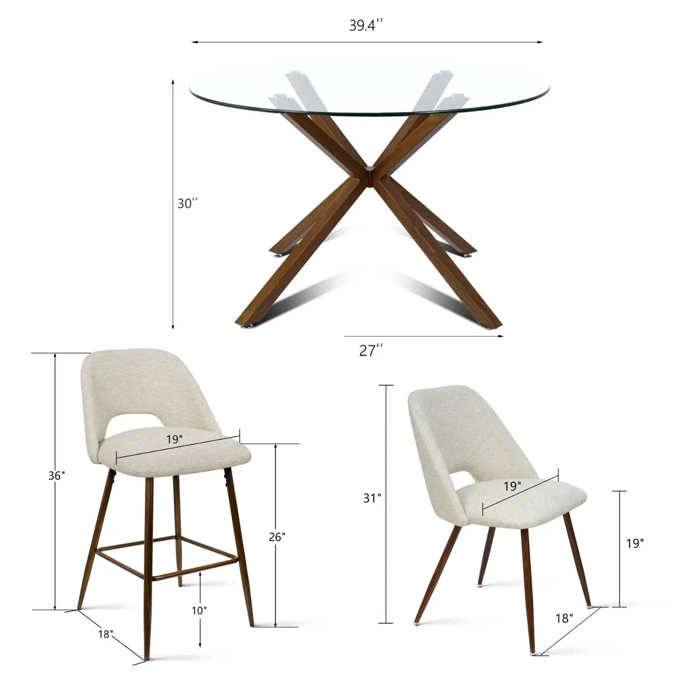 Oliver & Edwin Beige Glass Dining Table Set dimensions with chairs, wooden legs, glass top highlighted.