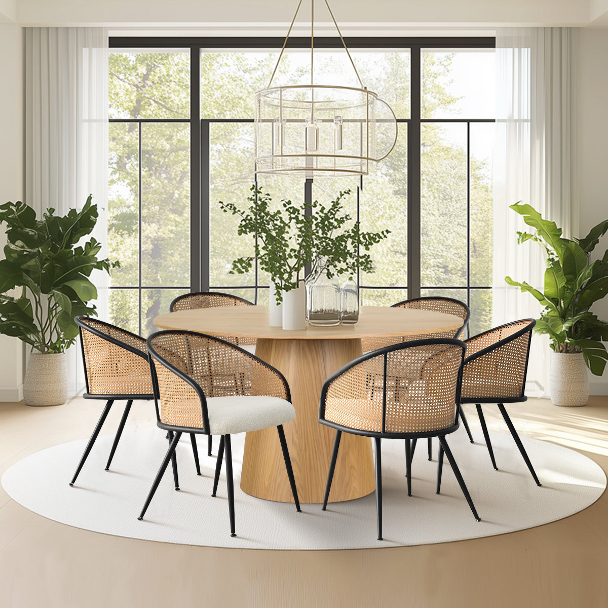 Orchid & Jules 52" Solid Oak Round Dining Table Set for 6 (7-Piece)