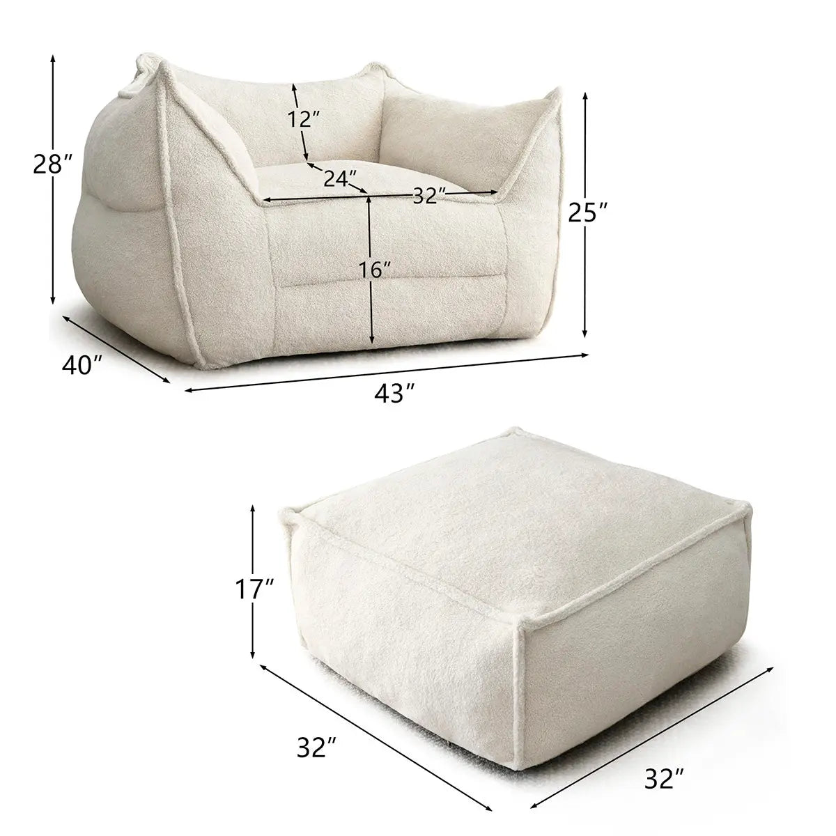 Boring Teddy Fabric Bean Bag Chair & Ottoman dimensions, cozy beige set with modern design features.