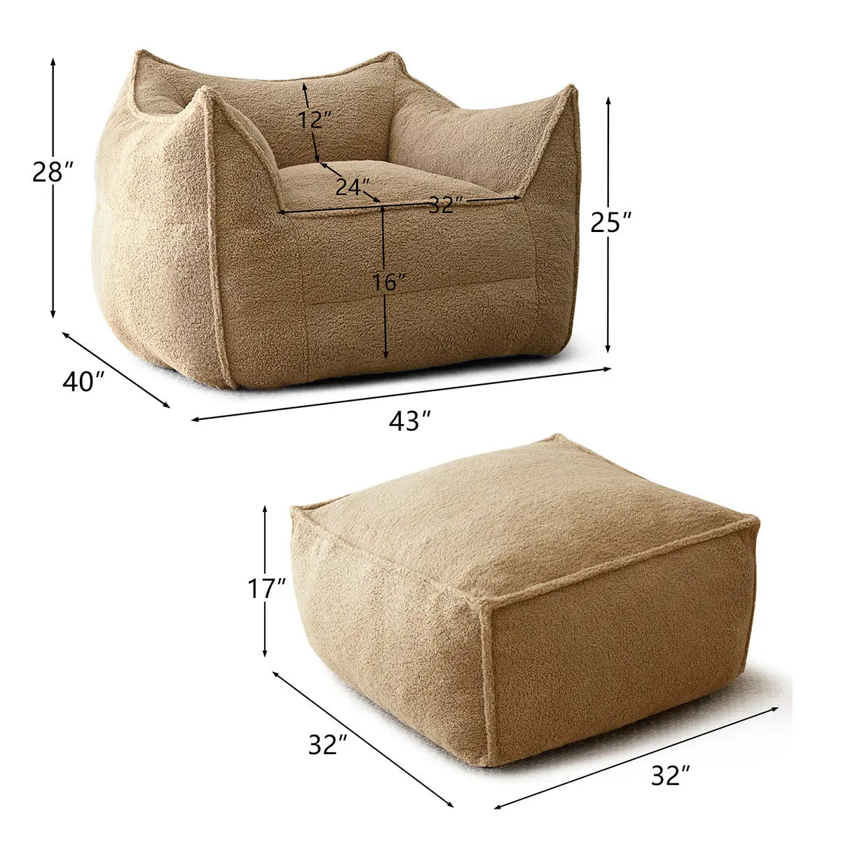 Boring Teddy Fabric Bean Bag Chair & Ottoman Set with dimensions; cozy, versatile seating solution.