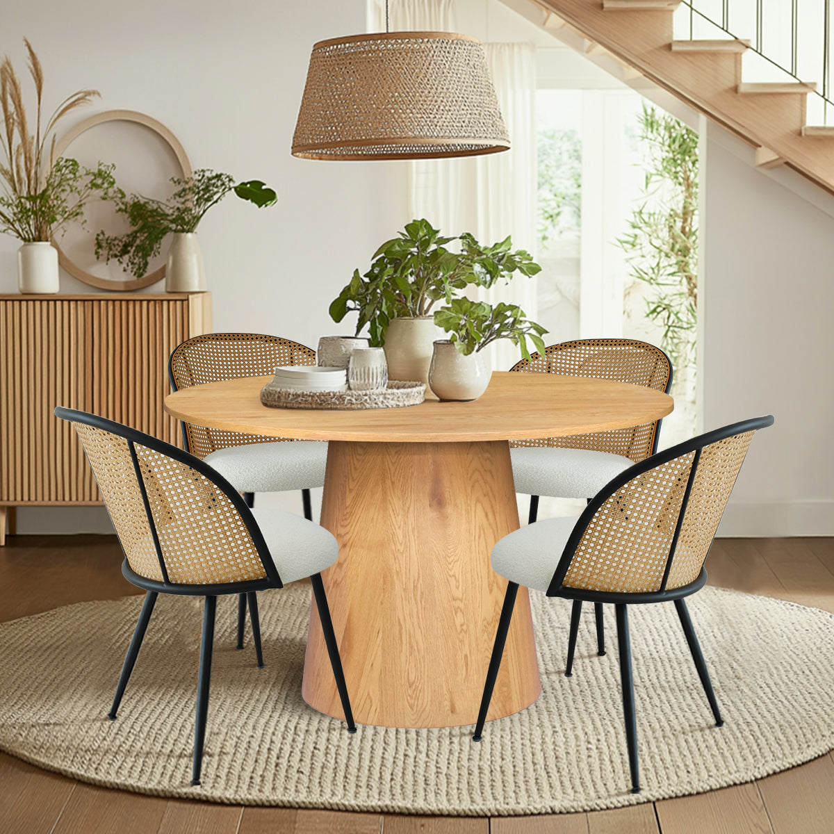 Dwen & Jules 46" Modern Round Rattan Dining Table Set for 4 (5-Piece)