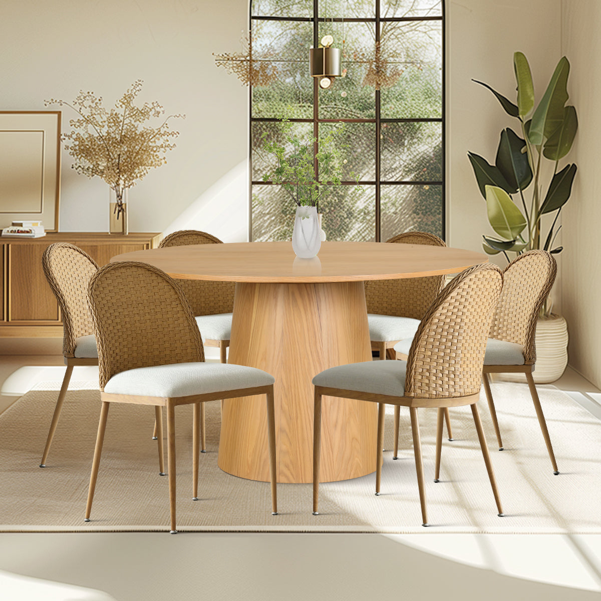 Orchid & Barcelona 52" Solid Oak Round Dining Table Set for 6 (7-Piece)