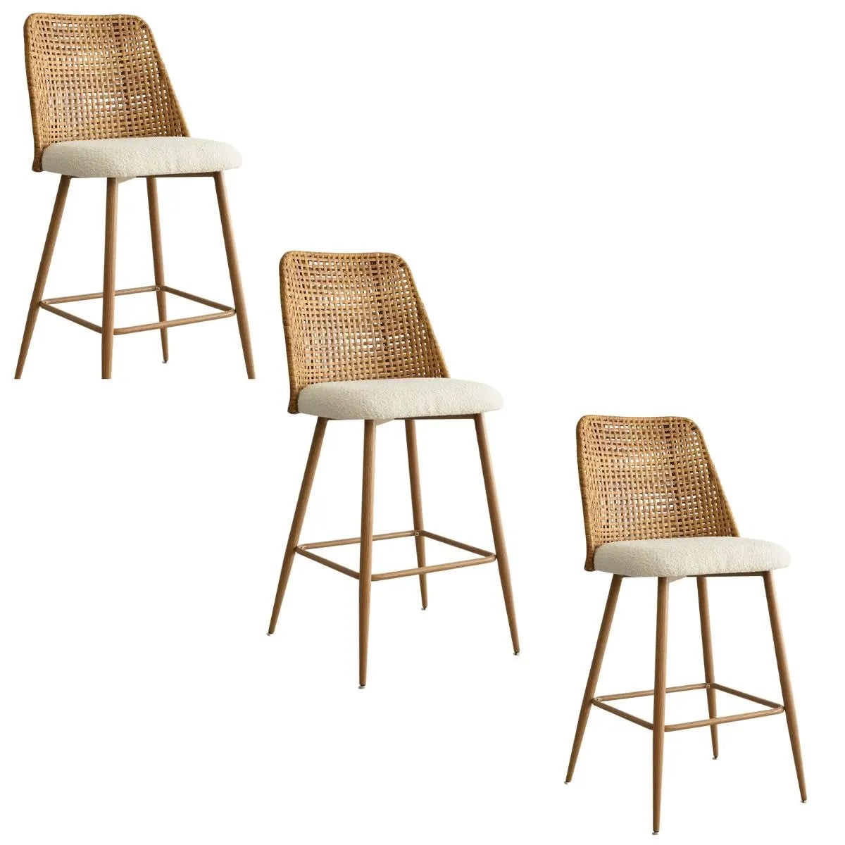 Nice Rattan Upholstered Counter Stool set; woven design, suitable for modern kitchen or bar settings.