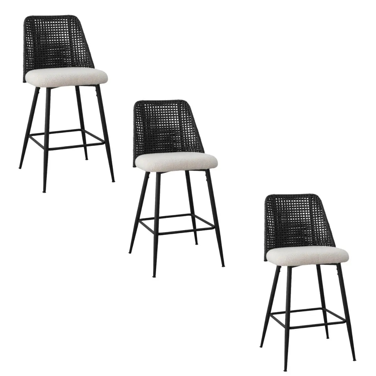 Three Nice Rattan Upholstered Counter Stools with black frames and white seats, modern minimalist design.