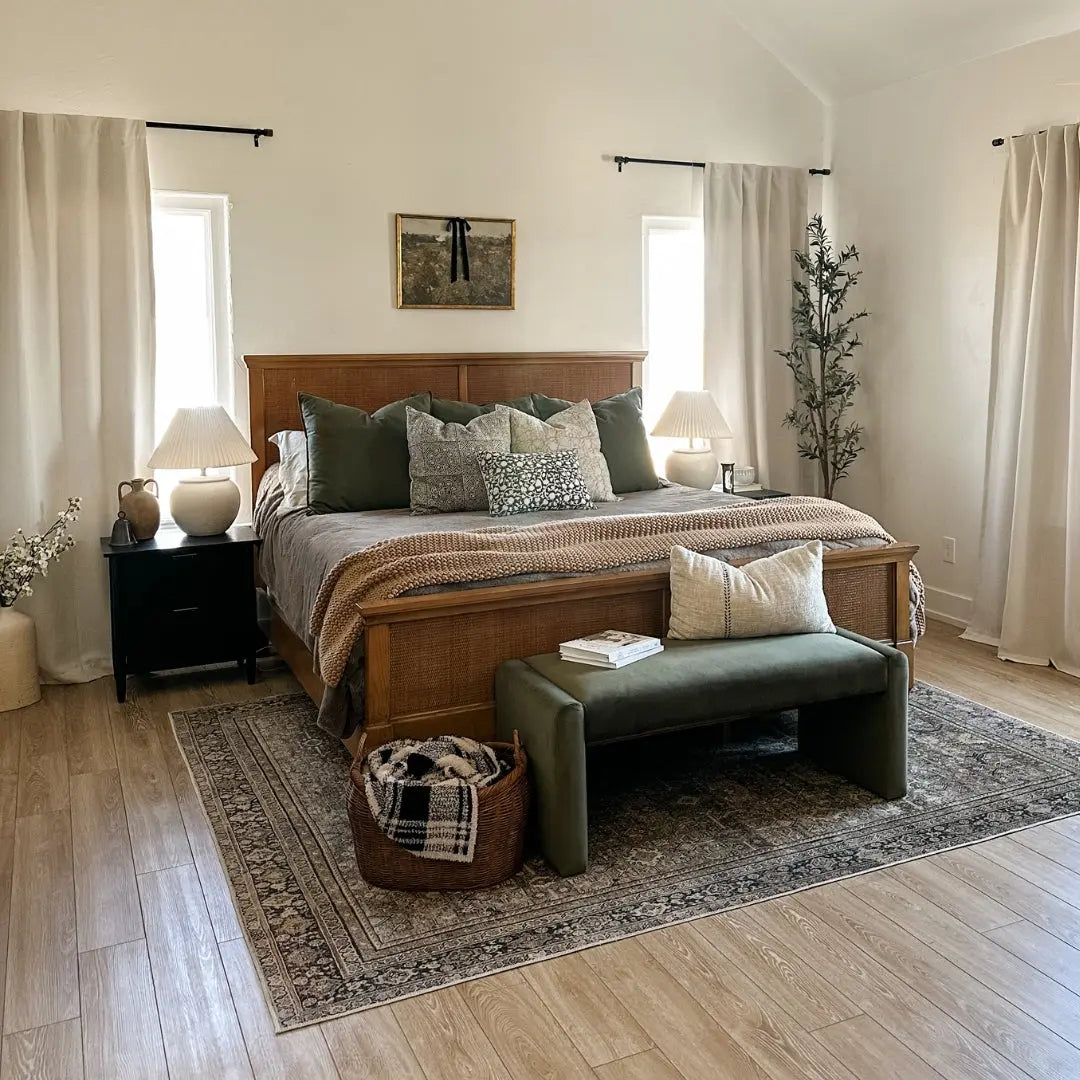 Stylish bedroom with green Kaia Leather & Velvet Waterfall Bench, neutral walls, wooden flooring.