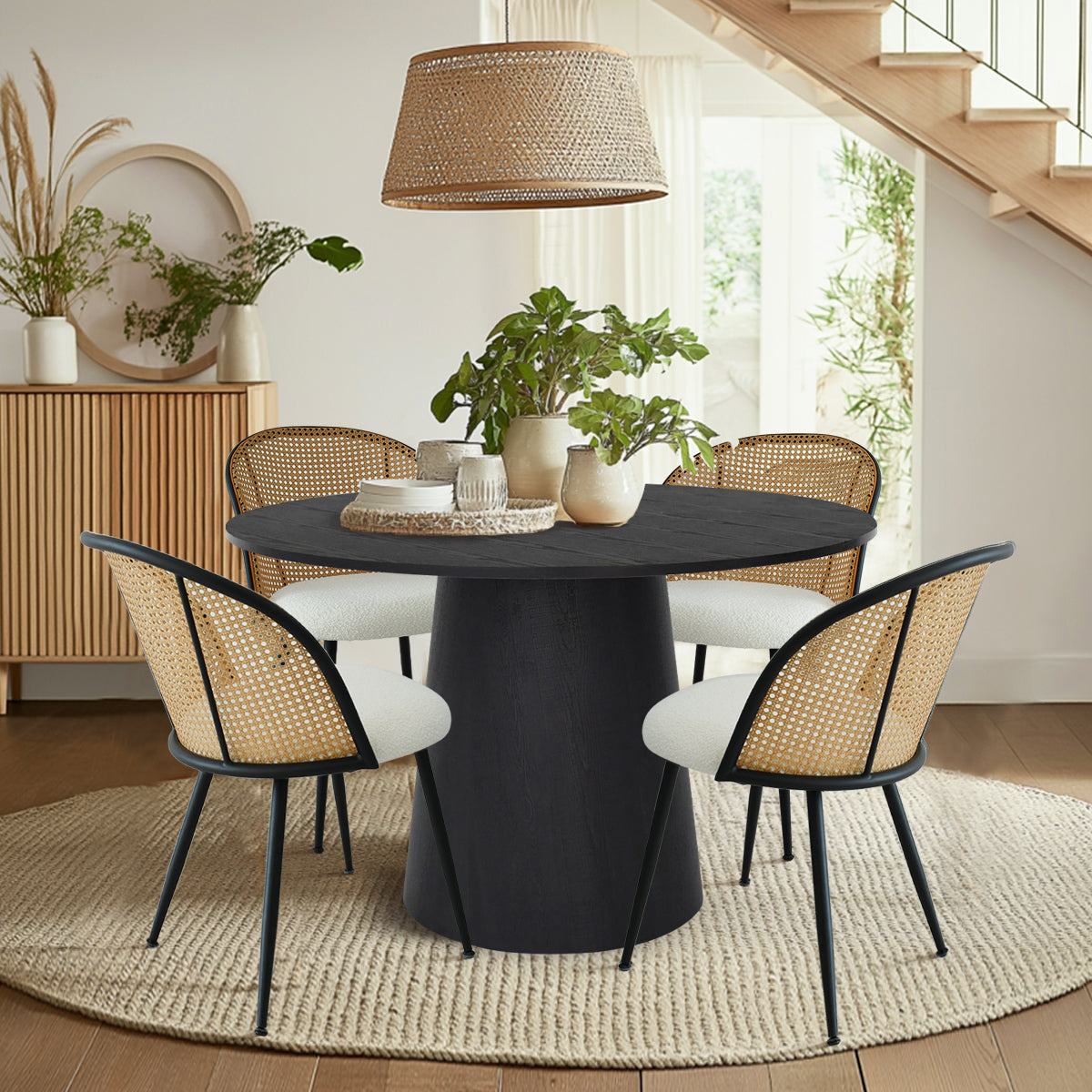 Dwen & Jules 46" Modern Round Rattan Dining Table Set for 4 (5-Piece)