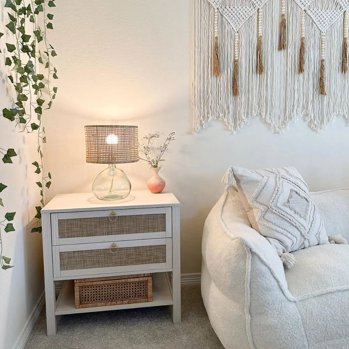 Cozy living room with Boring Teddy Fabric Bean Bag Chair, white walls, and beige side table.