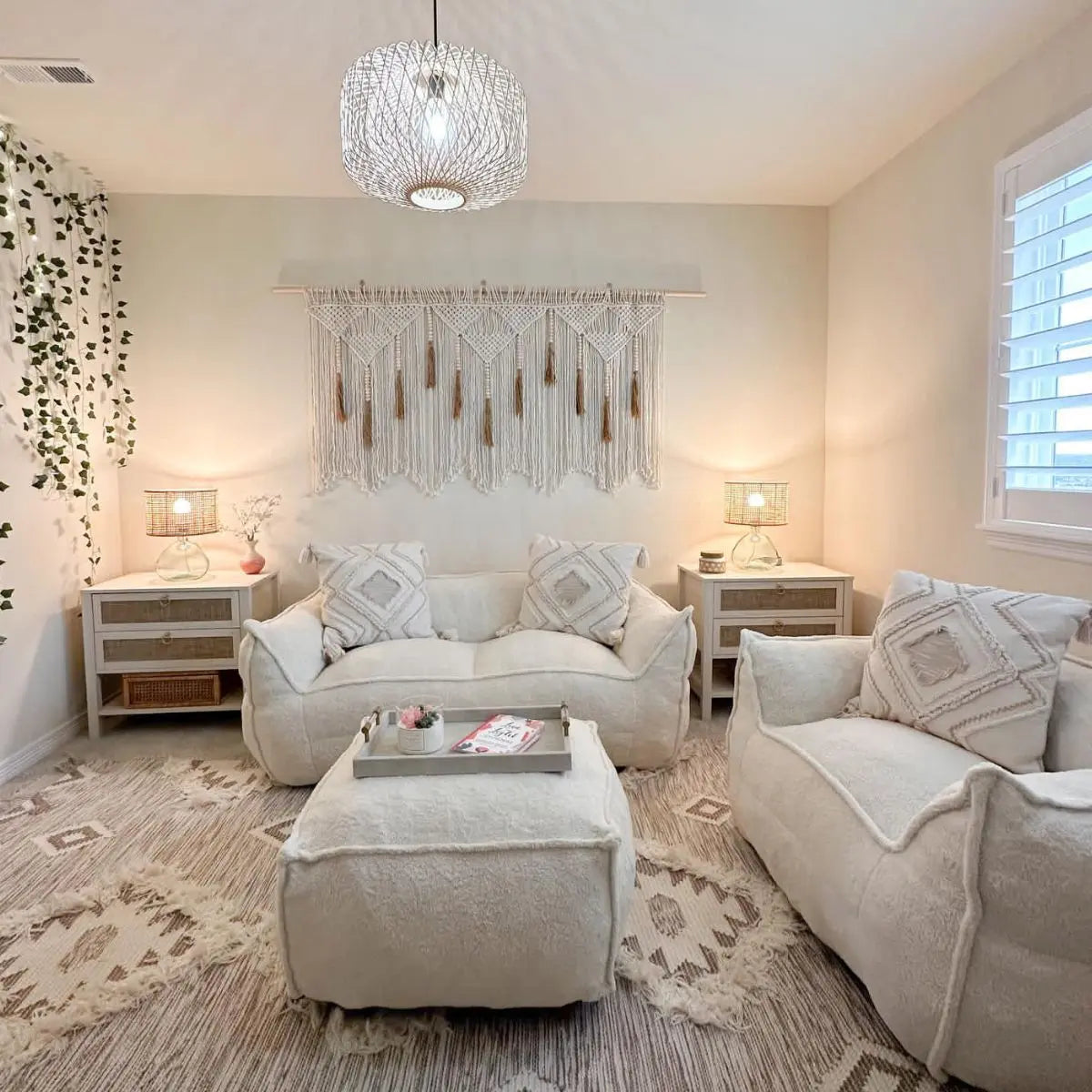 Cozy Boring Teddy Fabric Bean Bag Chair Set in a beige boho living room with macrame decor.