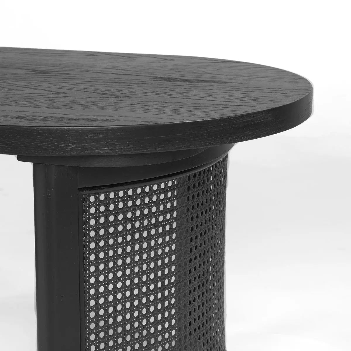 Aodai Oak & Rattan Oval Coffee Table, detailed black design, highlighting circular pattern.