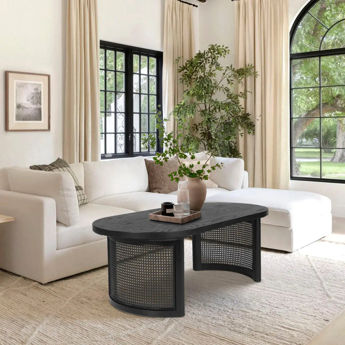 Aodai Oak Wood Rattan Coffee Table with white sofa, cream curtains, and large window in living room.