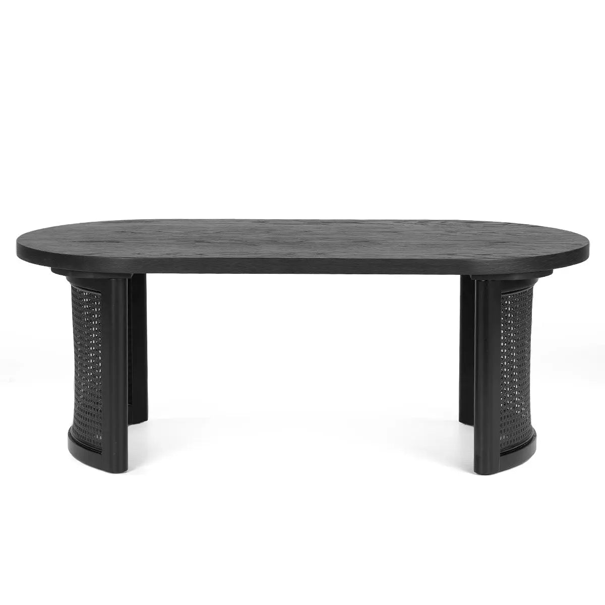 Aodai Oak Wood Rattan Coffee Table, black finish, for modern living room decor, oval shape.