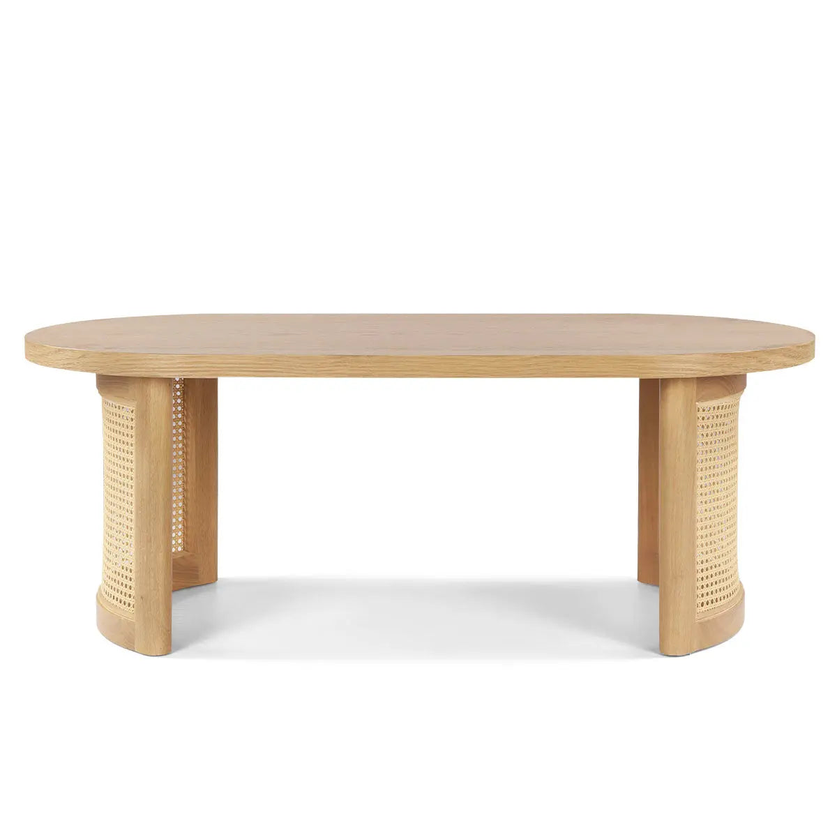 Aodai Oak Wood & Rattan Oval Coffee Table, natural finish, detailed rattan accents, modern minimalist design.