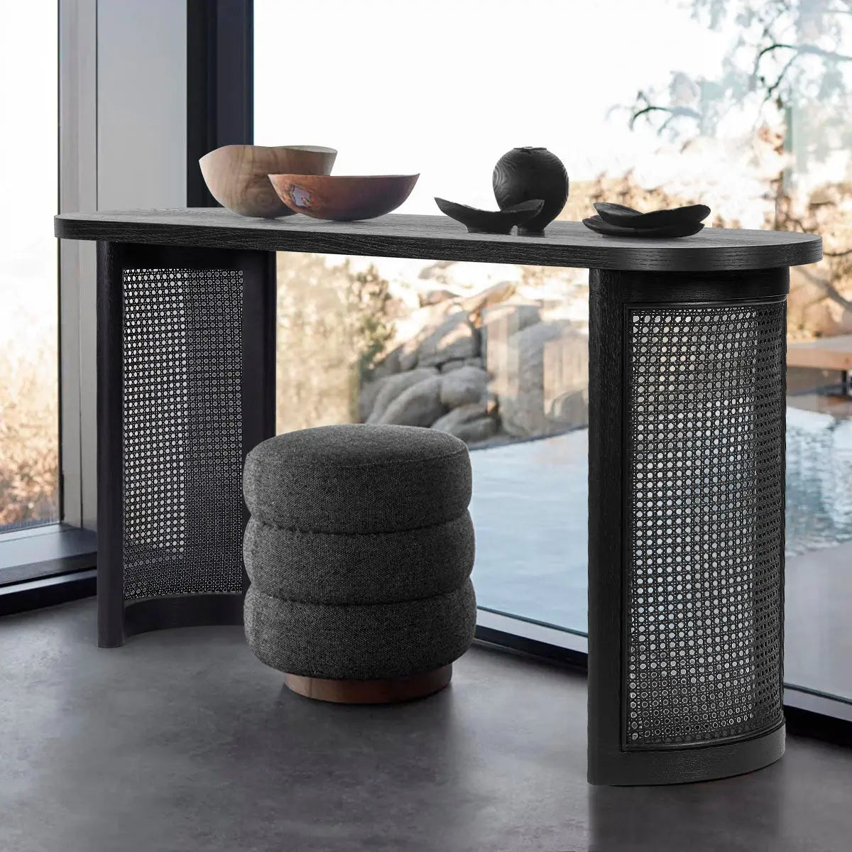 Aodai Modern Oak Wood & Rattan Console Table with gray stool, glass window view.