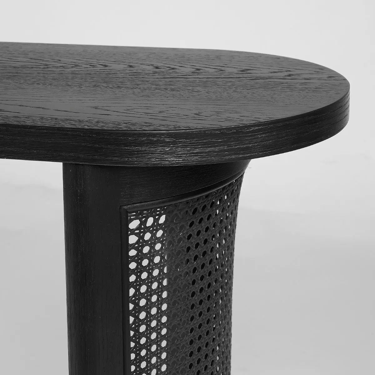 Close-up of Aodai Modern Oak Wood & Rattan Console Table with intricate weave design.