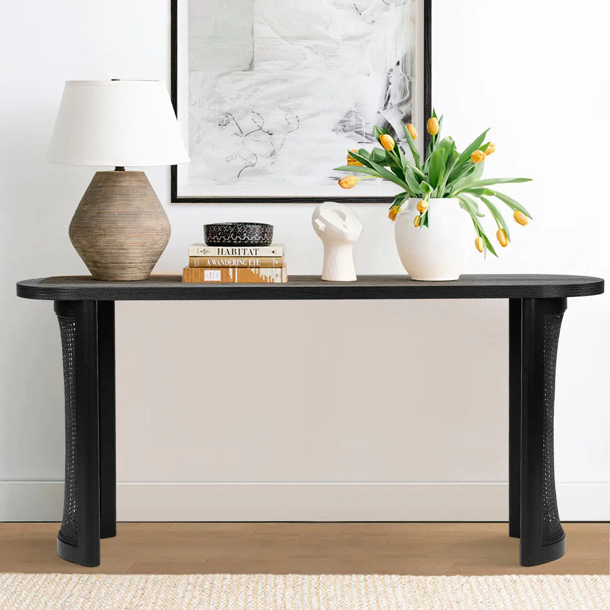 Aodai Modern Oak Wood & Rattan Console Table in living room with light walls and wooden flooring.