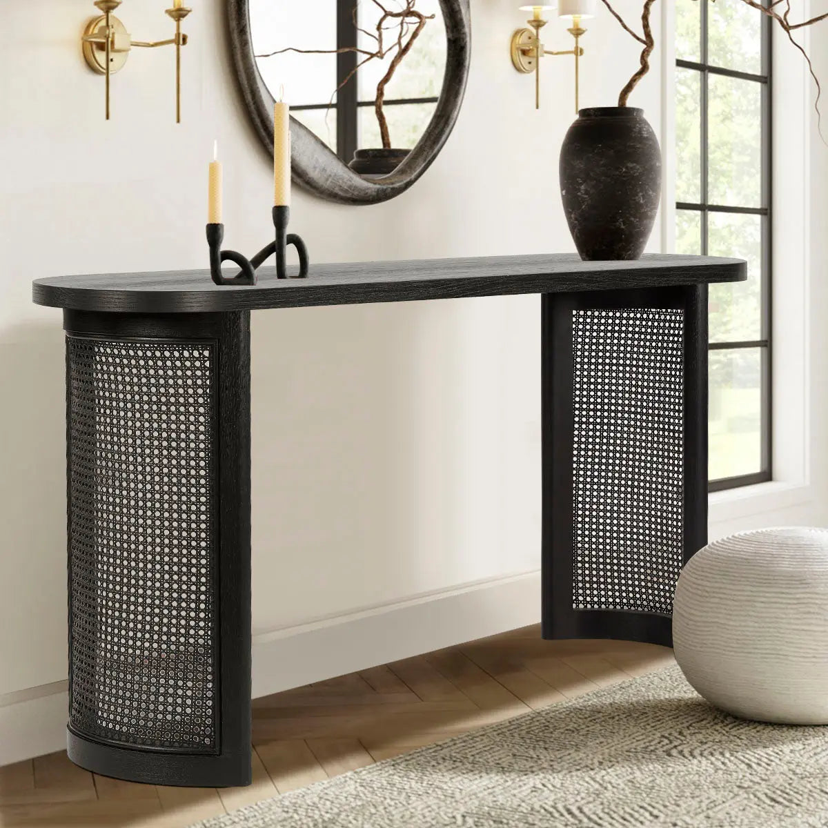 Aodai Modern Oak Wood Console Table in stylish living room with beige rug and light walls.