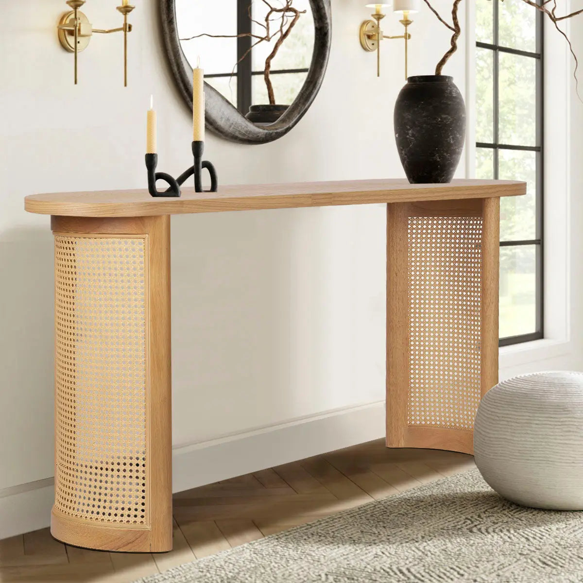 Aodai 60" Modern Oak Console Table with Rattan, light wood floor, living room, decor accents.