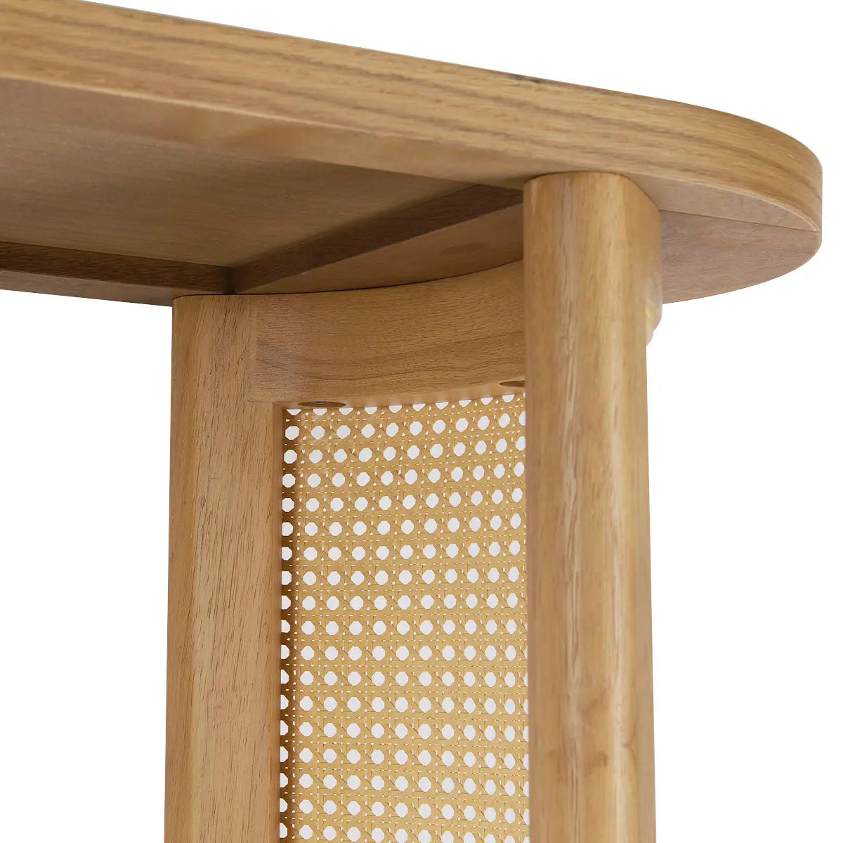 Close-up of Aodai Oak Wood & Rattan Console Table with natural finish and detailed craftsmanship.