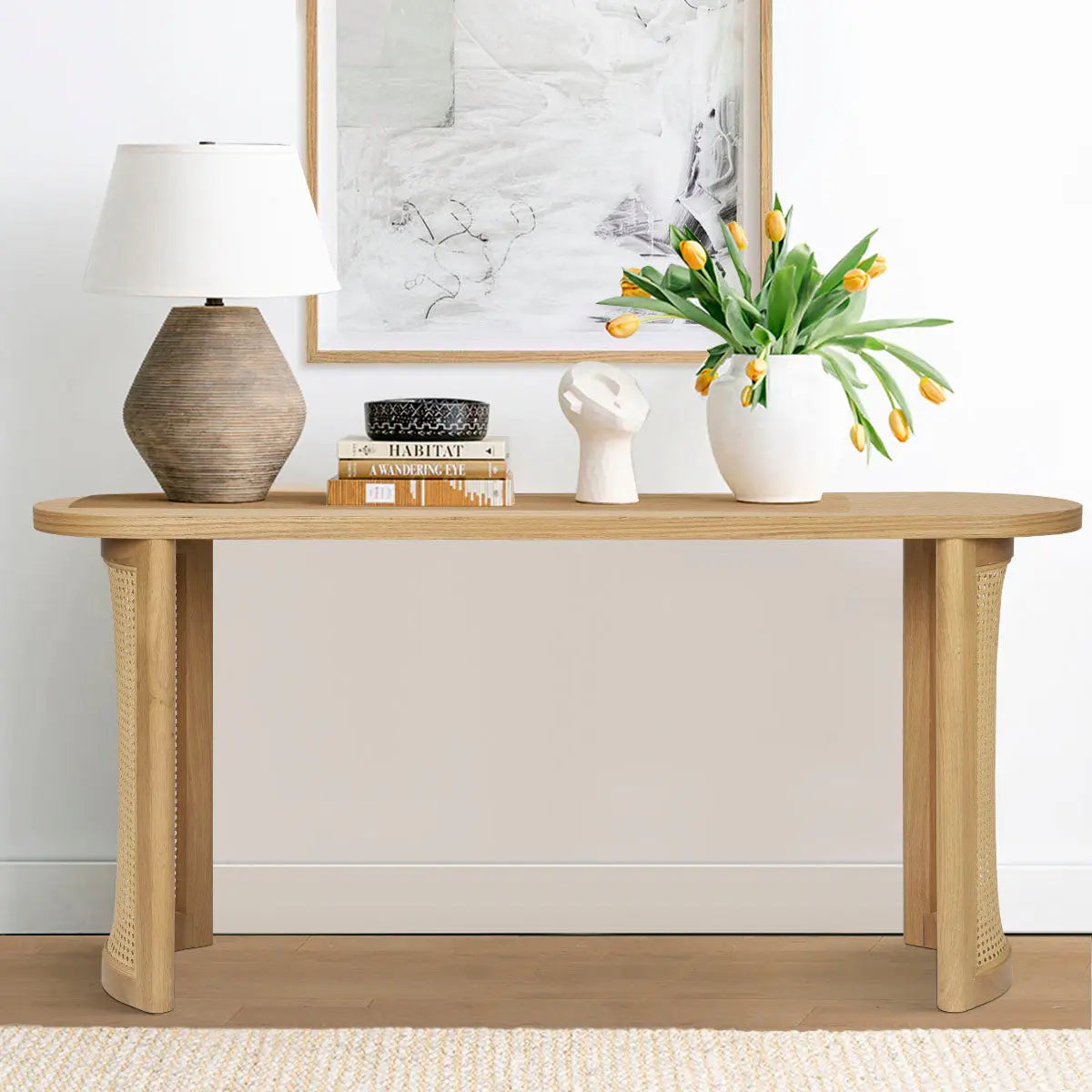 Aodai Modern Oak Rattan Console Table, neutral wall, light flooring, elegant home decor setting.