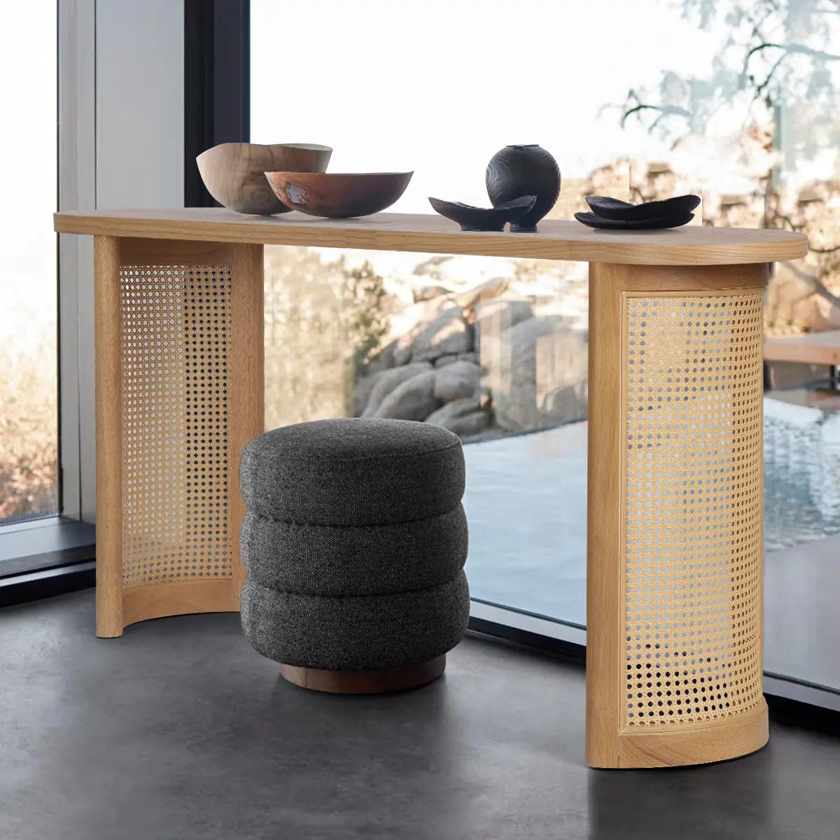 Aodai Modern Oak Wood & Rattan Console Table, gray stool, glass window view, contemporary style.