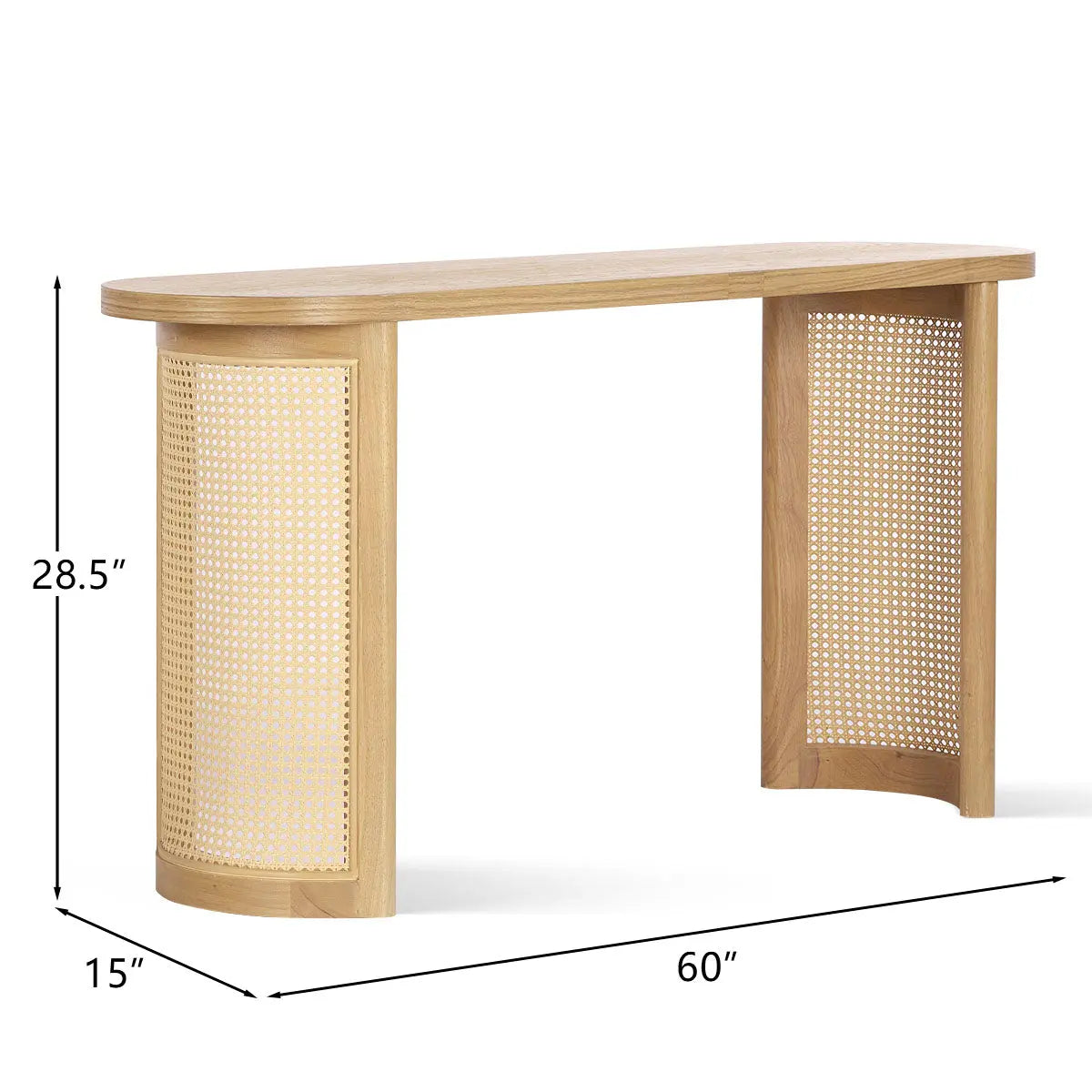 Aodai Modern Oak Wood & Rattan Console Table, dimensions: 28.5"x15"x60".