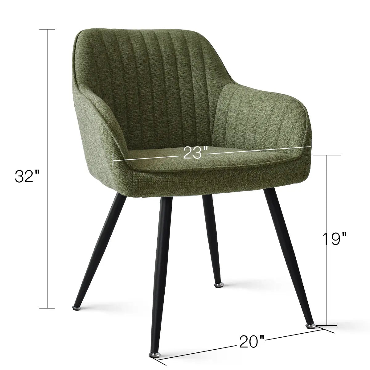 Boston Modern Upholstered Dining Chair with Arms, green fabric, black legs, dimensions 32"x23"x20".