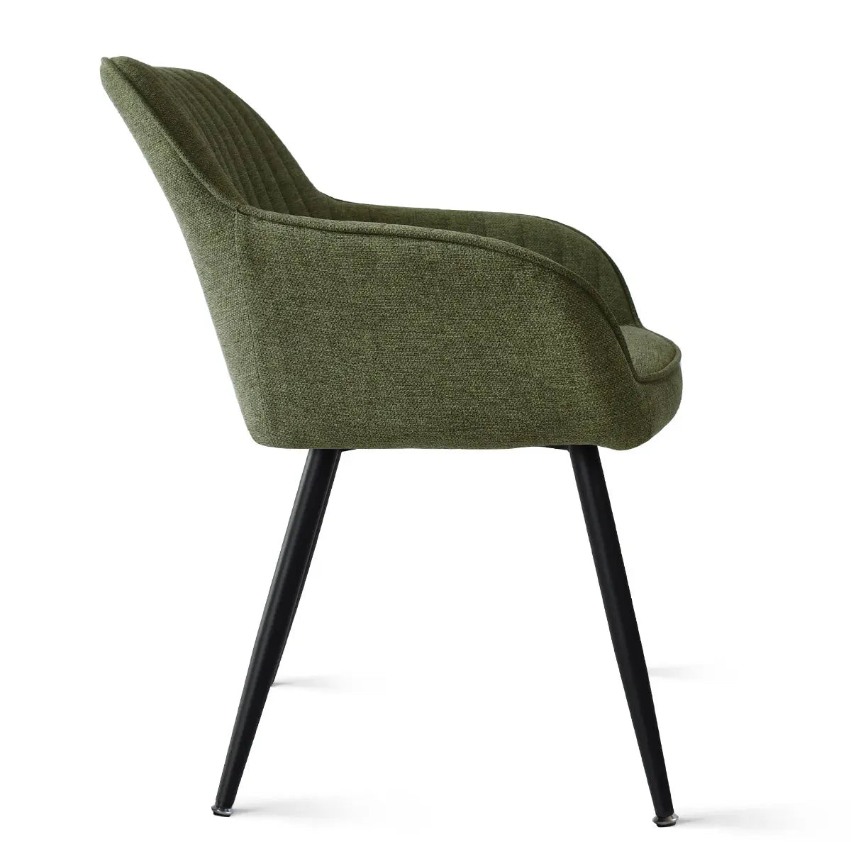 Boston Modern green upholstered dining chair with arms, black legs, side view, contemporary design.