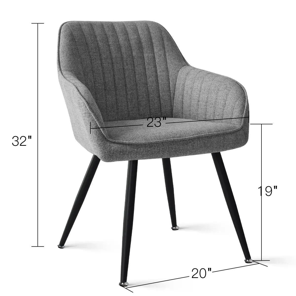 Grey Boston Modern Upholstered Dining Chair with Arms, dimensions: 32"x23"x20", sleek black legs.