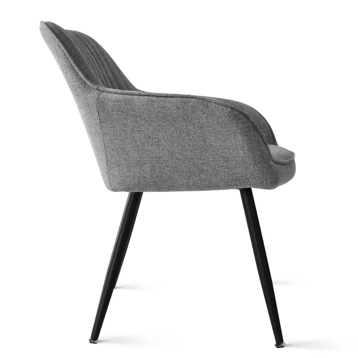 Gray Boston Modern Upholstered Dining Chair with black legs, side view, dimension included.