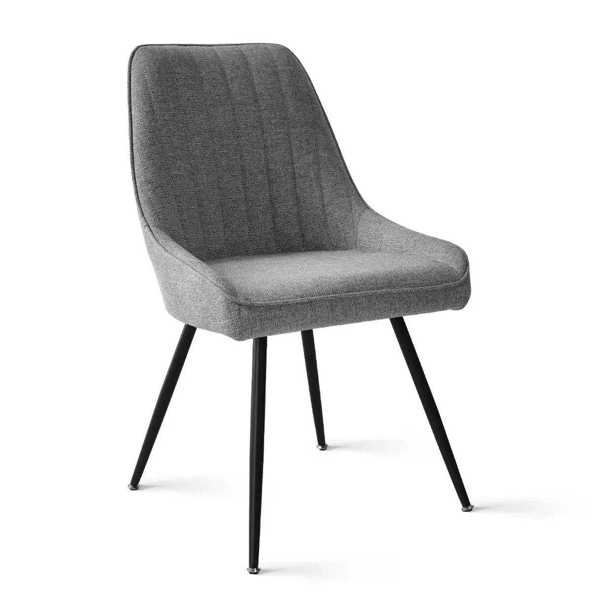 Gray Boston Modern Upholstered Dining Chair with black legs on white background.