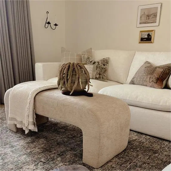 Lily Chenille Accent Bench with cream sofa in neutral living room, elegant decor, textured rug.