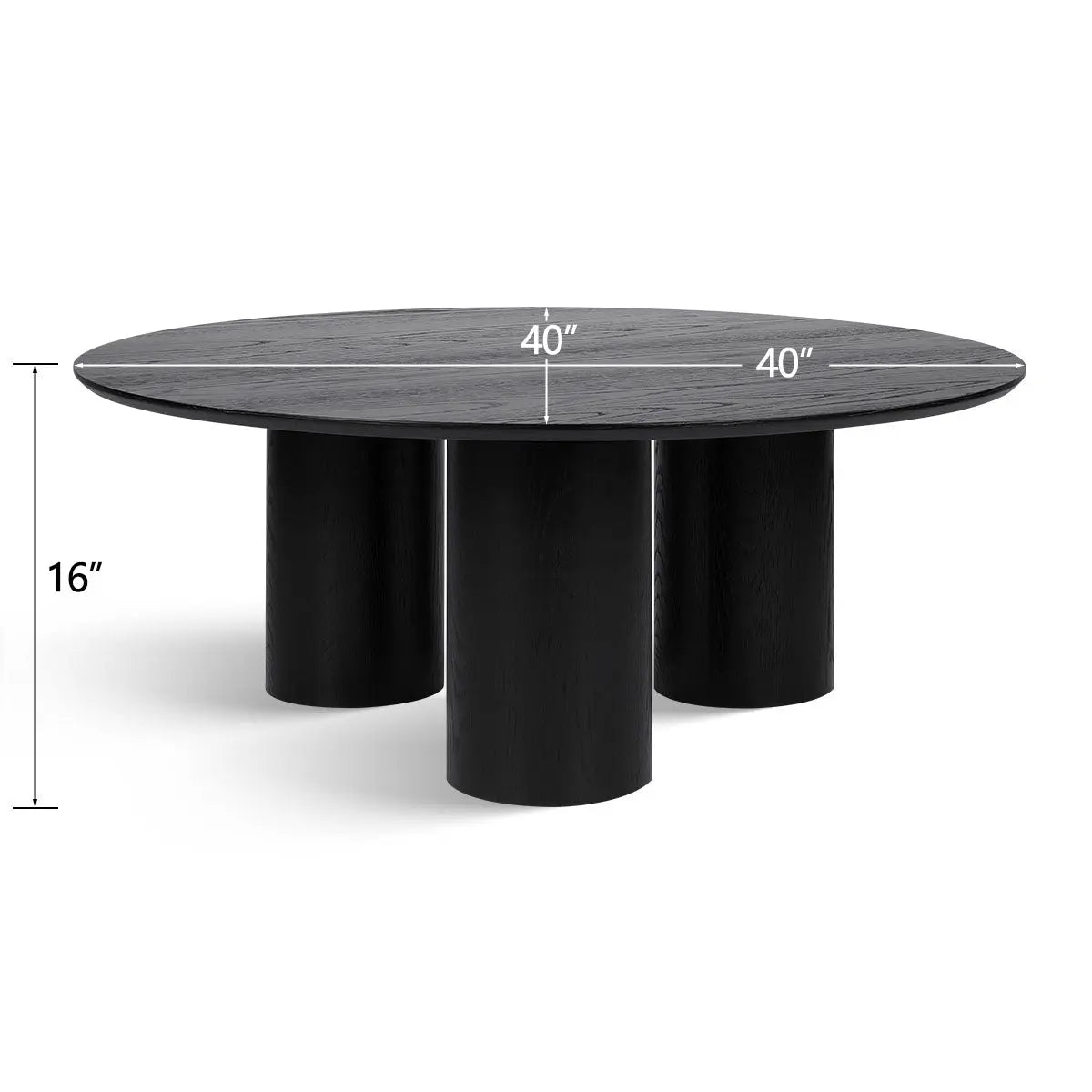 Baguette Modern Black Oak Round Coffee Table with 3-Leg Design, 40" dimension sleek style.