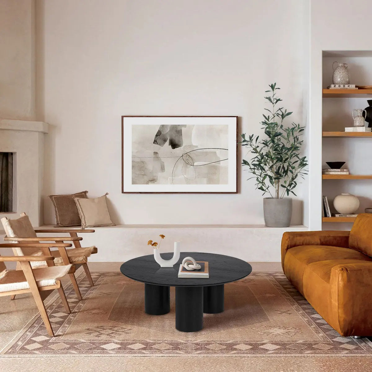 Baguette 3-Leg Coffee Table in living room, beige walls, tan sofa, wooden chairs, abstract art.