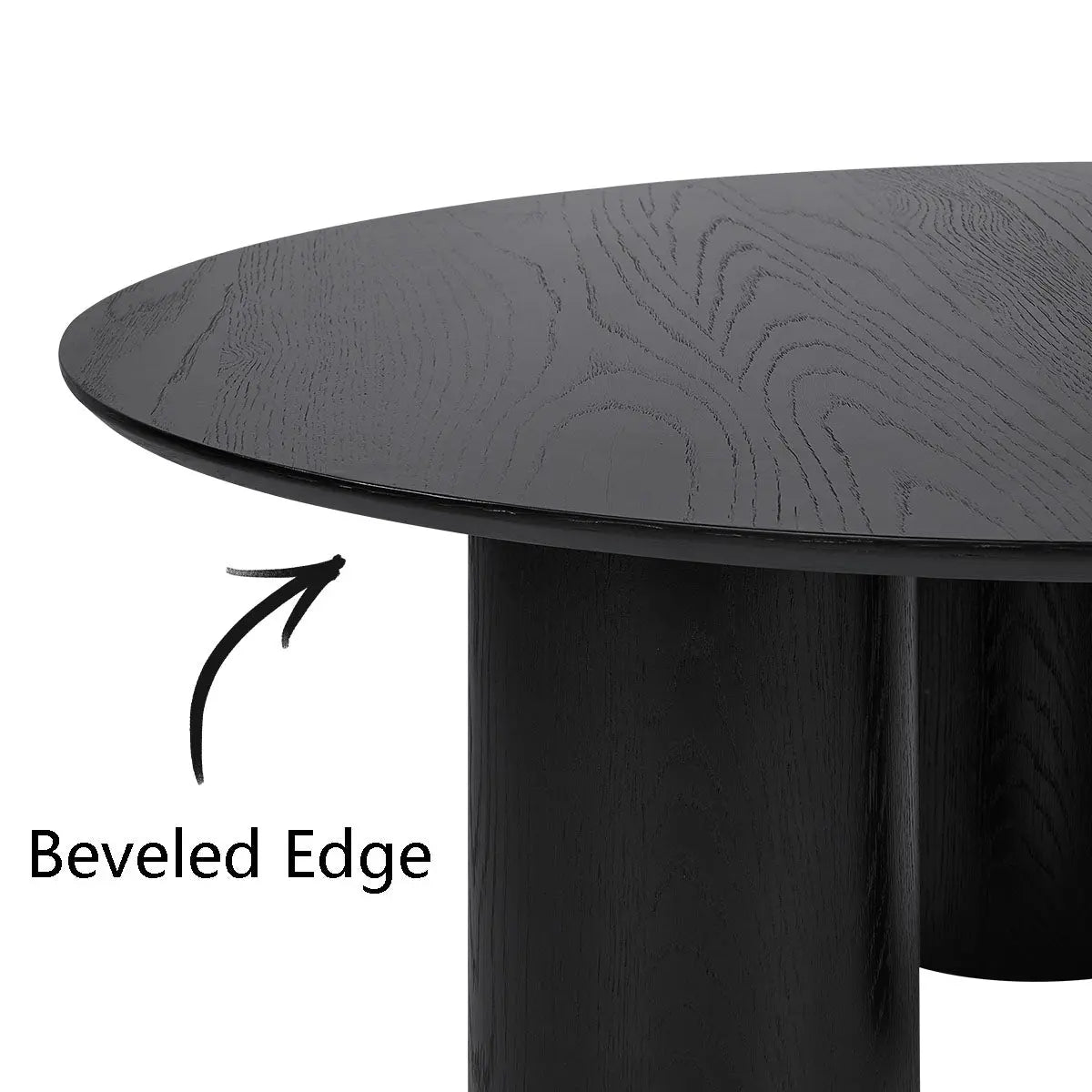 Baguette Modern Black Oak Wood Coffee Table with beveled edge detail, round shape, three legs.