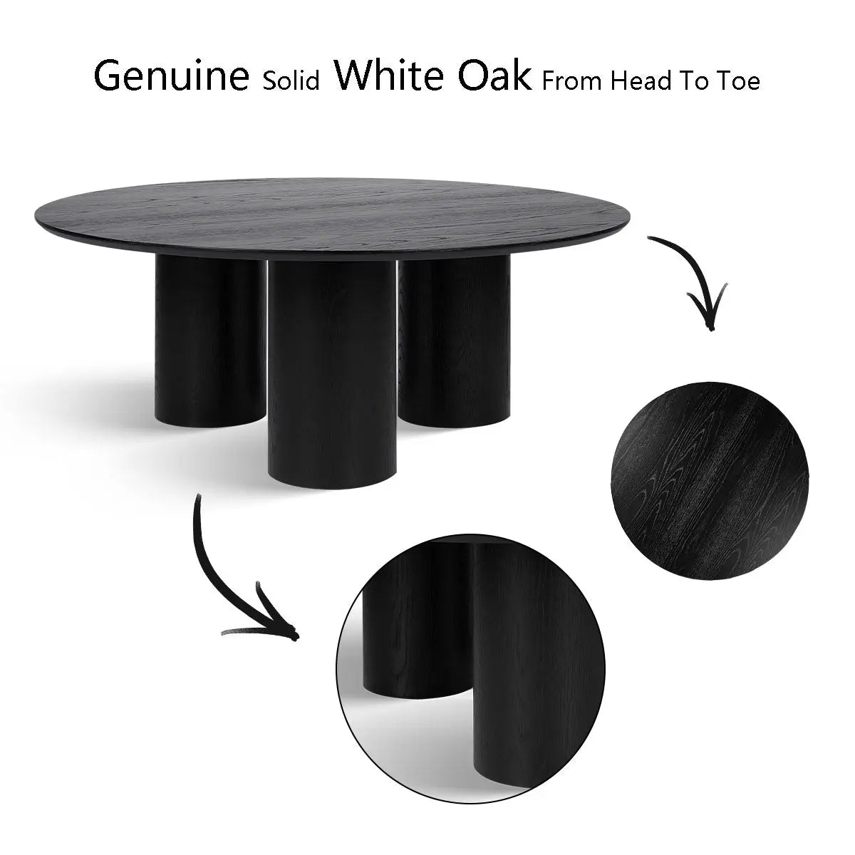 Baguette black oak wood coffee table with 3-leg design, showcased with solid white background.