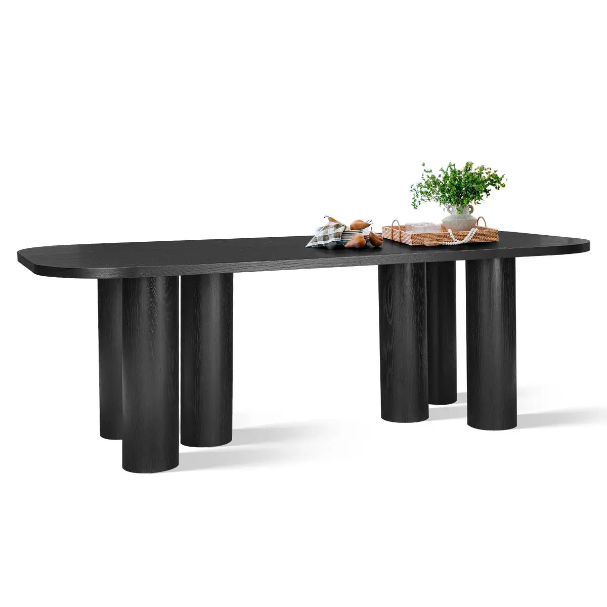 Baguette Modern Oak Rectangle Large Dining Table in black, cylindrical legs, dimension details unavailable.