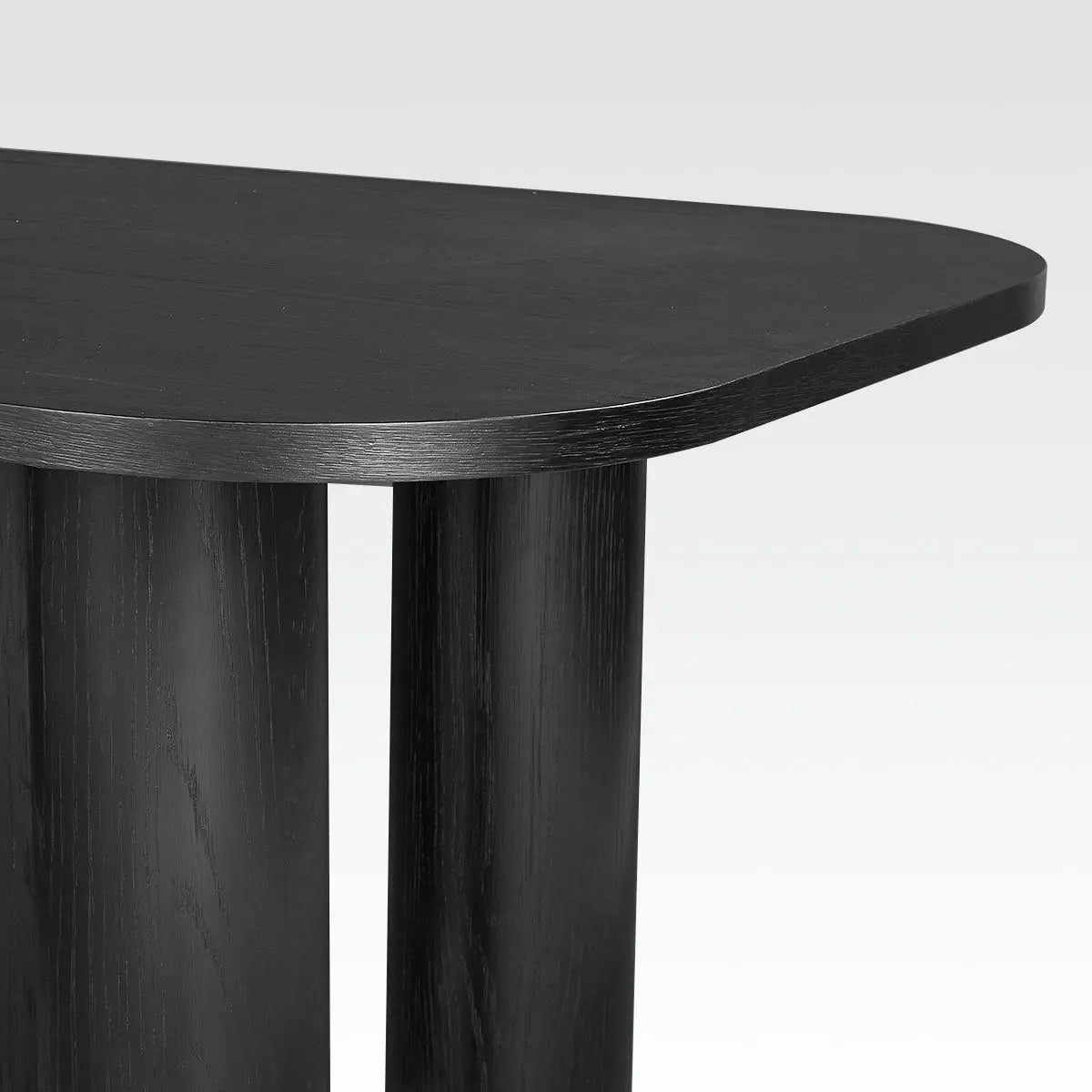 Baguette Modern Rectangle Oak Large Dining Table corner detail, black finish, minimalist design.