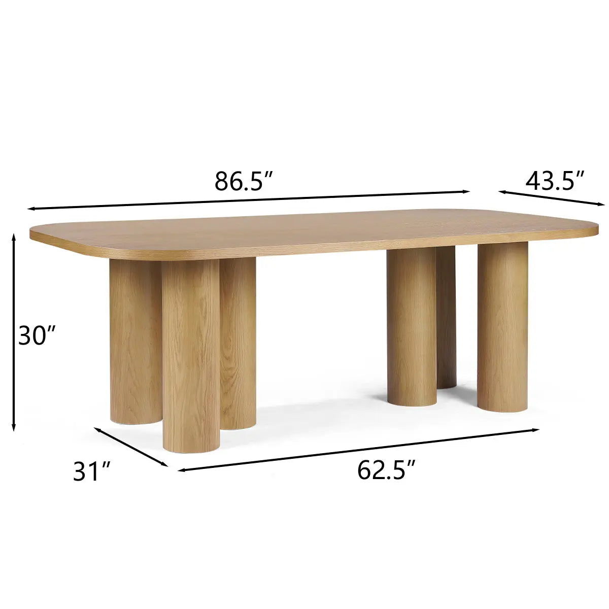 Baguette Modern Oak Large Dining Table, dimensions shown, rectangular, in neutral room setting.