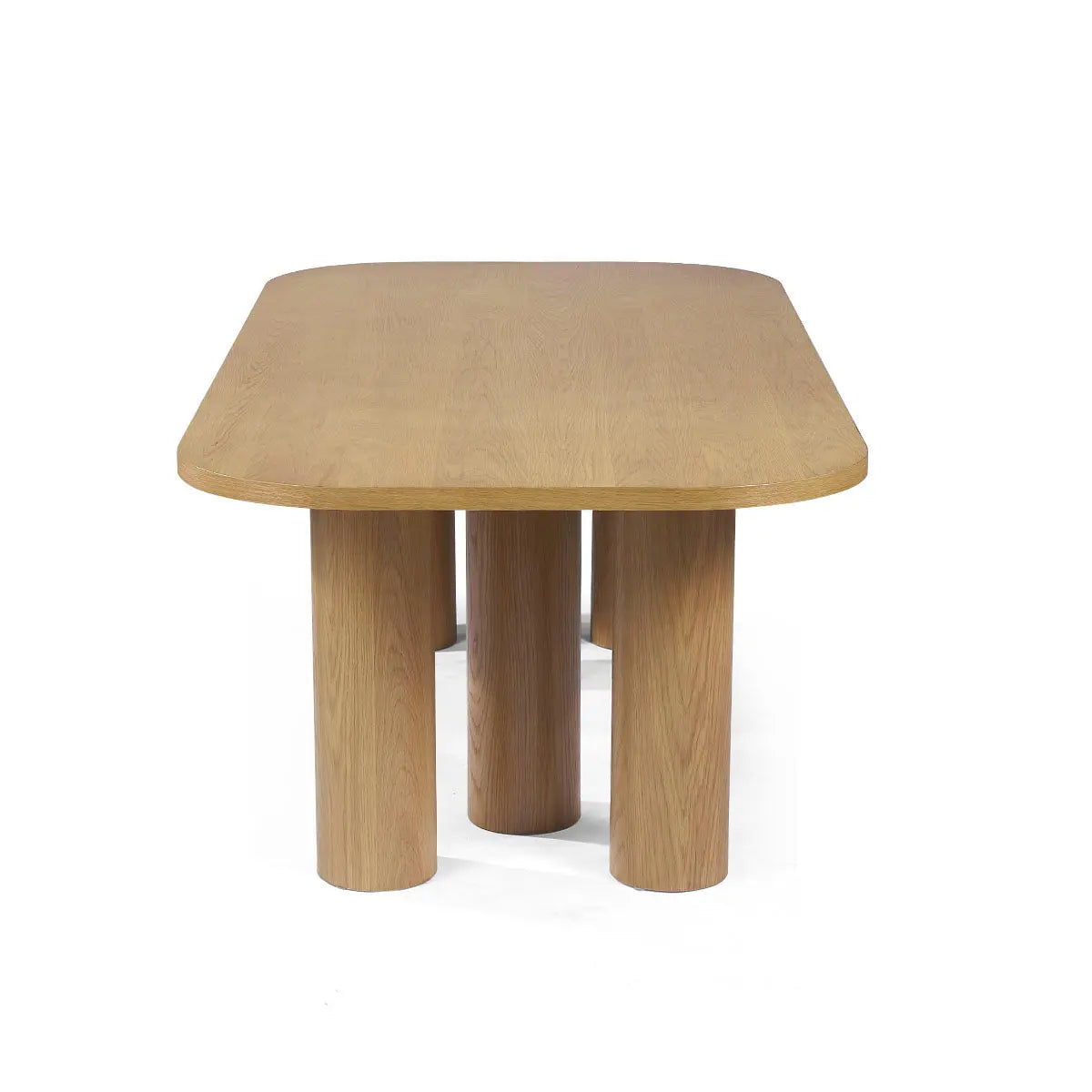 Baguette Modern Oak Rectangle Dining Table with round legs, large size, oak finish, no background.