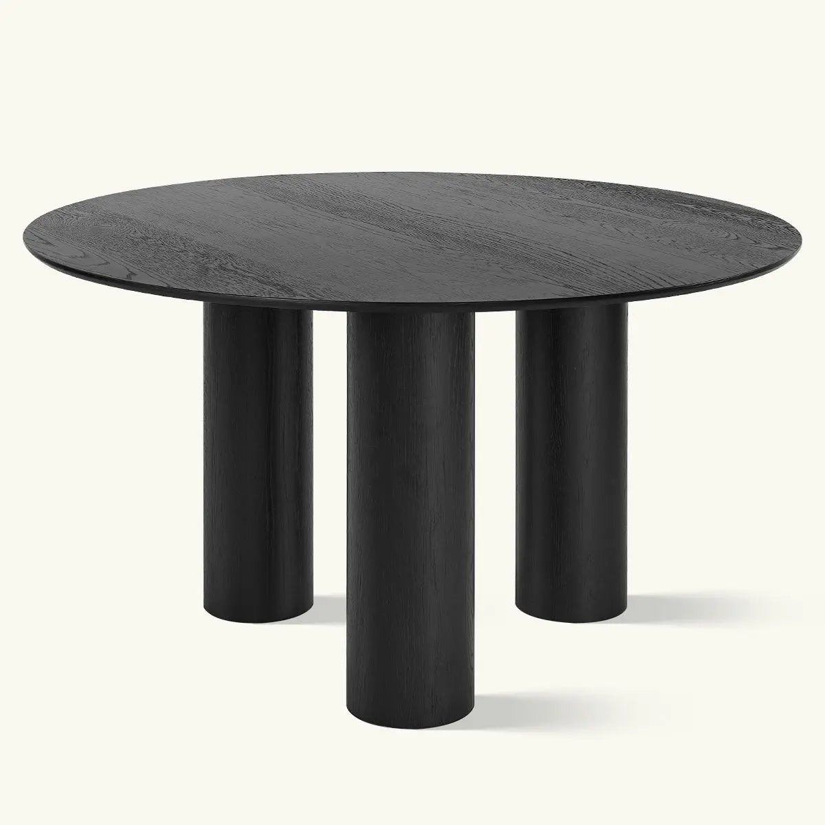 Black oak 3-leg dining table, modern style, minimalist design, round top, solid background.