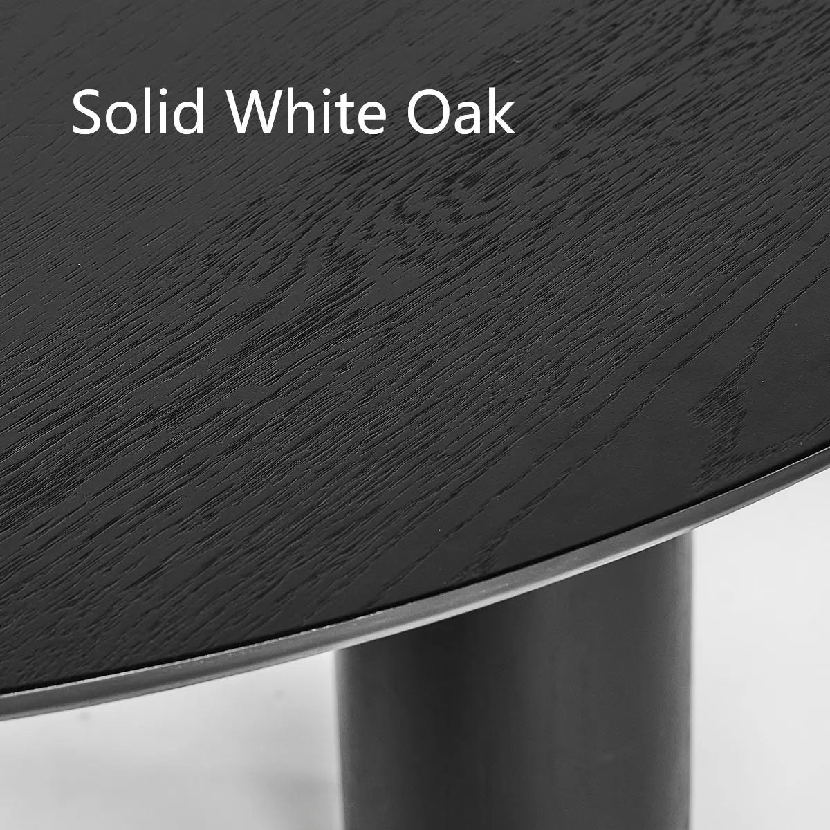 Close-up of Baguette Modern Oak Wood 3-Leg Round Dining Table in solid white oak finish.