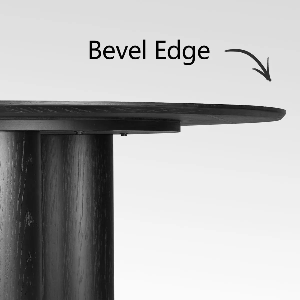 Close-up of bevel edge on Baguette Modern Oak Wood Round Dining Table, solid background view.