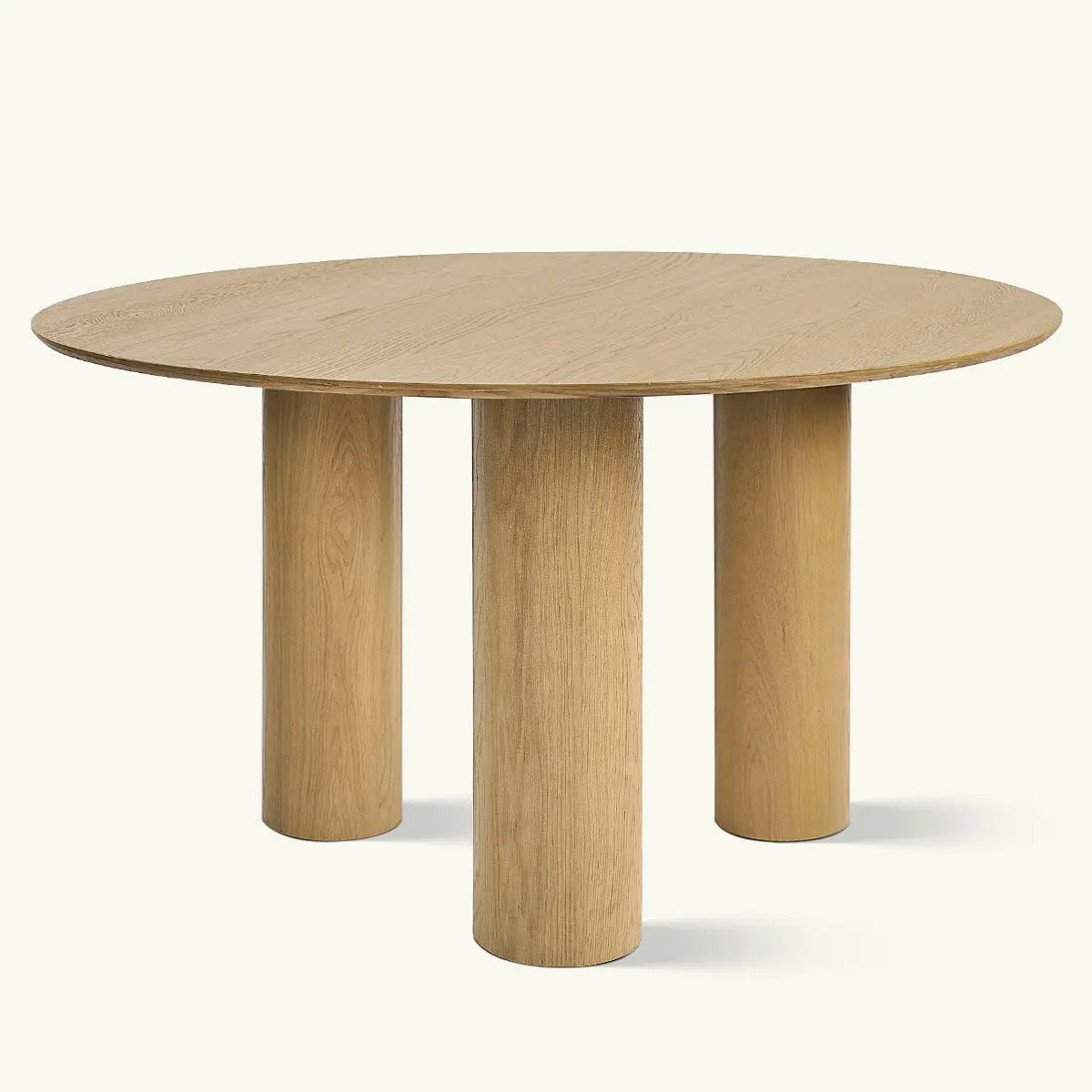 Baguette Modern Oak 3-Leg Round Dining Table in natural wood finish, no additional decor visible.