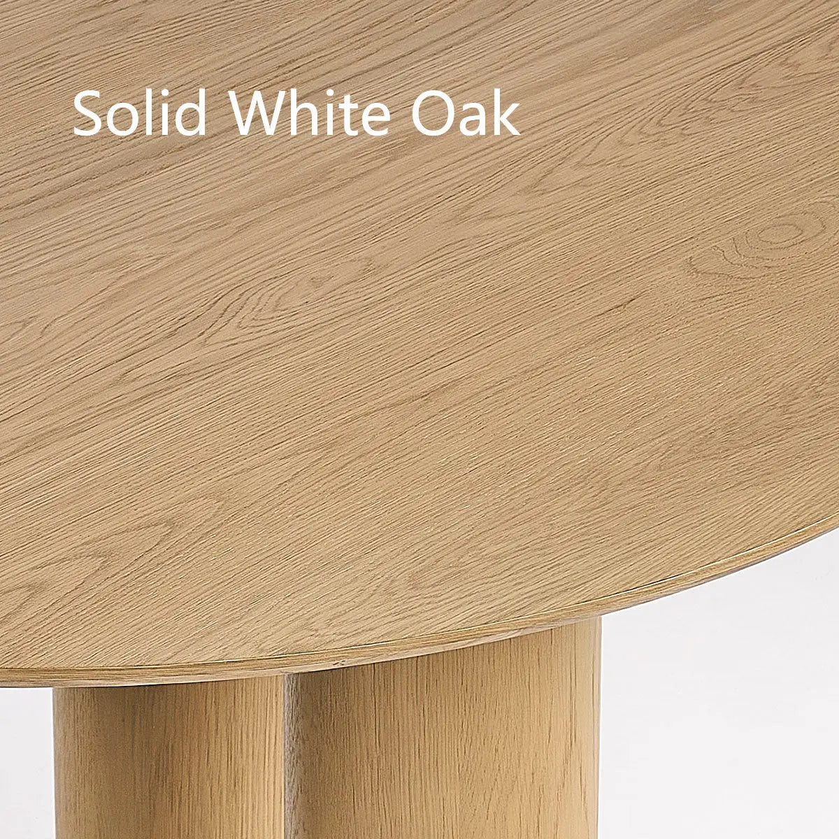 Solid white oak texture of Baguette Modern Oak Wood 3-Leg Round Dining Table, close-up view.