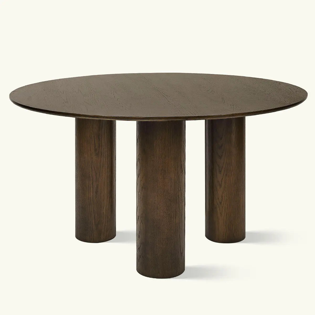 Baguette Modern oak round dining table with three legs, minimalist design, solid wood construction.