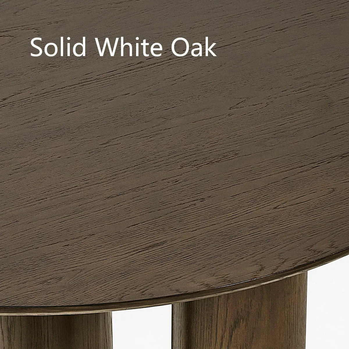 Solid oak wood texture of Baguette Modern 3-Leg Round Dining Table, detailed surface view.