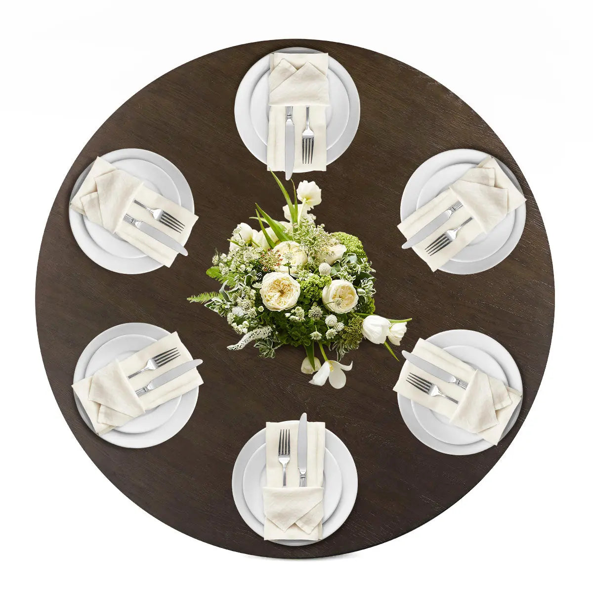 Baguette Modern Oak Wood Round Dining Table with floral centerpiece, set for six.